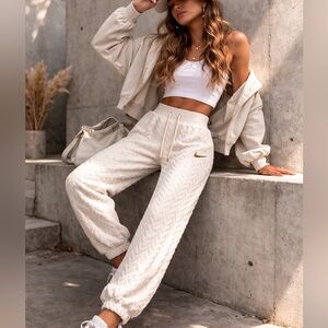 Nike Sportswear High Rise Textured Joggers Sail Gold Swoosh Cozy Lounge Pants